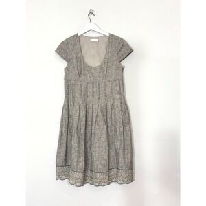 Badgley Mischka Tweed Beaded Hem Dress Brown Tan Short Sleeve Cotton Blend